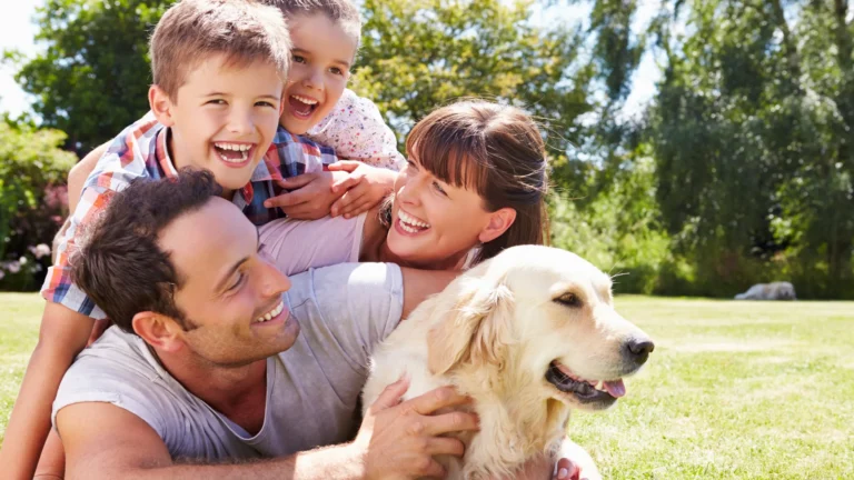 Smiling family with two children playing outside with their golden retriever on a sunny day.
